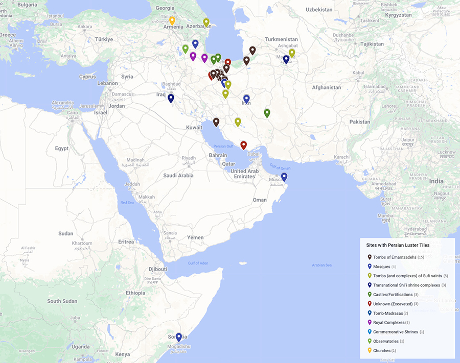 Map of sites associated with Persian luster tiles